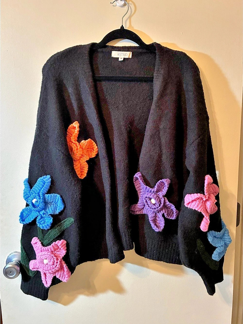 Astrid Black 3D Crochet Flower Chunky Knit Open Front Cardigan Sweater Boho M